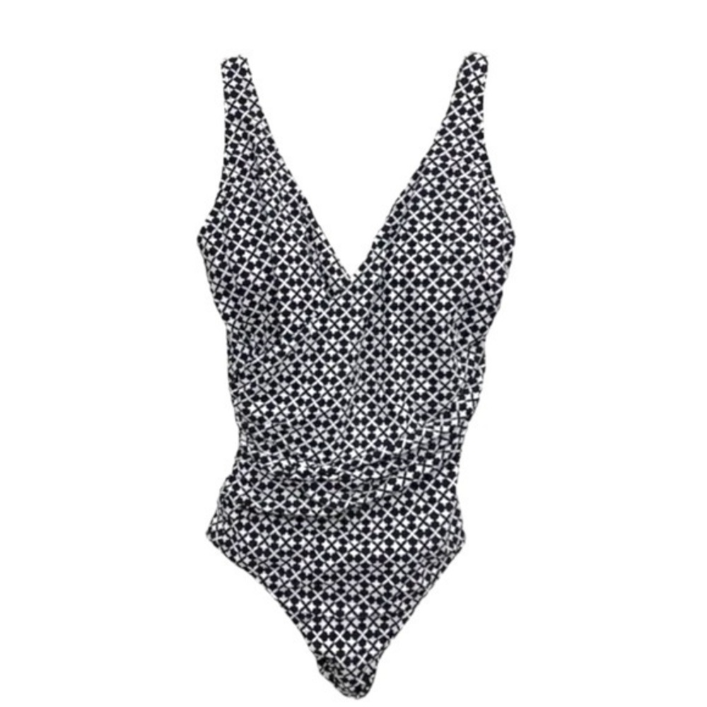 LL Bean ✘ Black Diamonds One Piece UPF Crossover Geometric Slimming Swim Suit